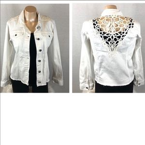 White Denim Jacket With Crochet Detail